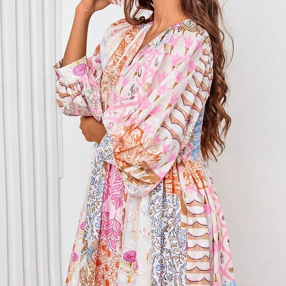 Multicolor Boho Women's Lantern Sleeve Maxi Dress V Neck Tie Patchwork Print - Picture 5 of 5